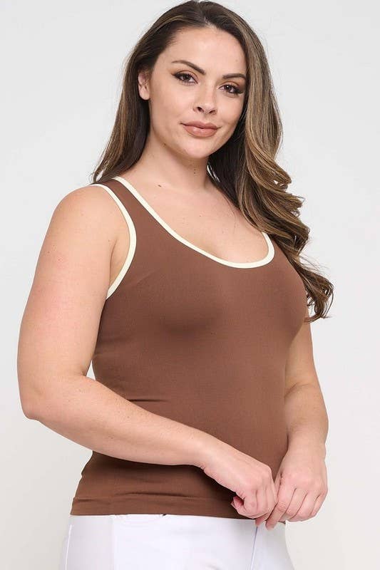 Women's Two Tone U Neckline Seamless Tank - Plus: Coffee/Ivory / OS Yelete