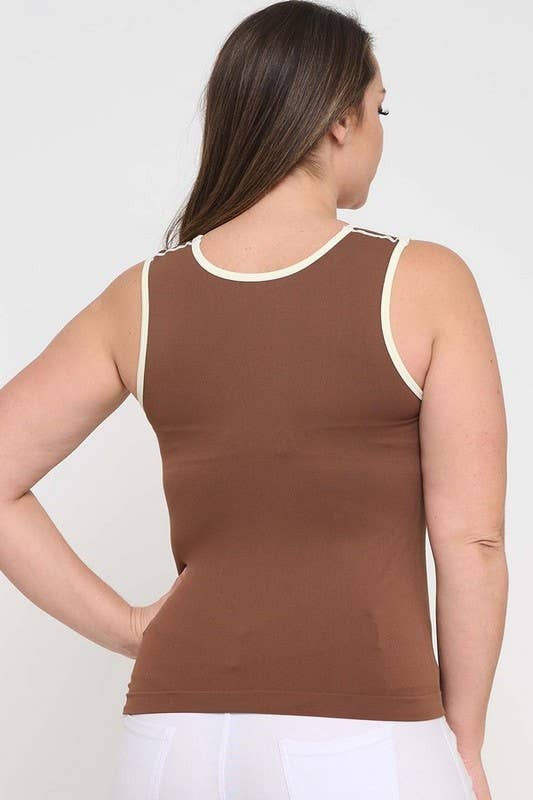 Women's Two Tone U Neckline Seamless Tank - Plus: Coffee/Ivory / OS Yelete