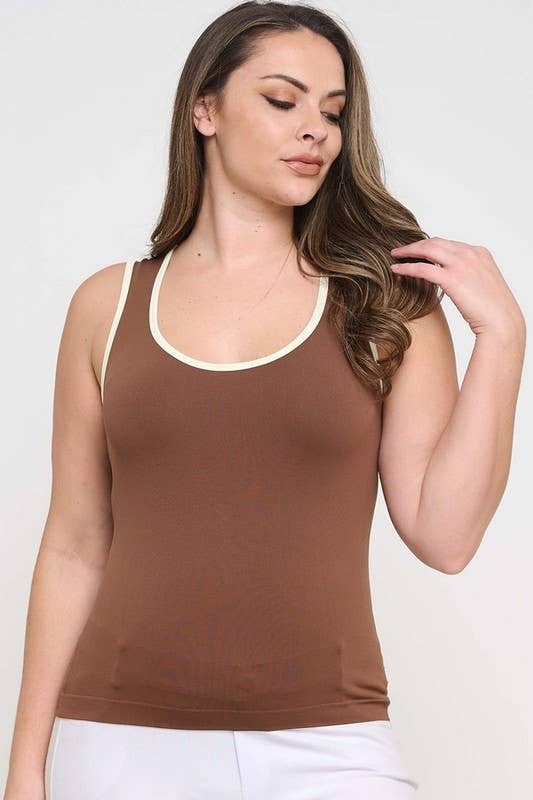 Women's Two Tone U Neckline Seamless Tank - Plus: Coffee/Ivory / OS Yelete