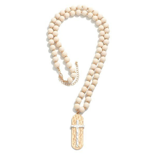 Wood Beaded Necklace With Hammered Cross Pendant - The Mustard Seed Collection, The Seed