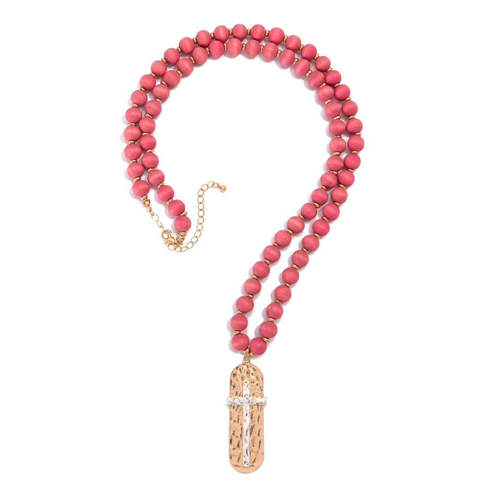 Wood Beaded Necklace With Hammered Cross Pendant - The Mustard Seed Collection, The Seed