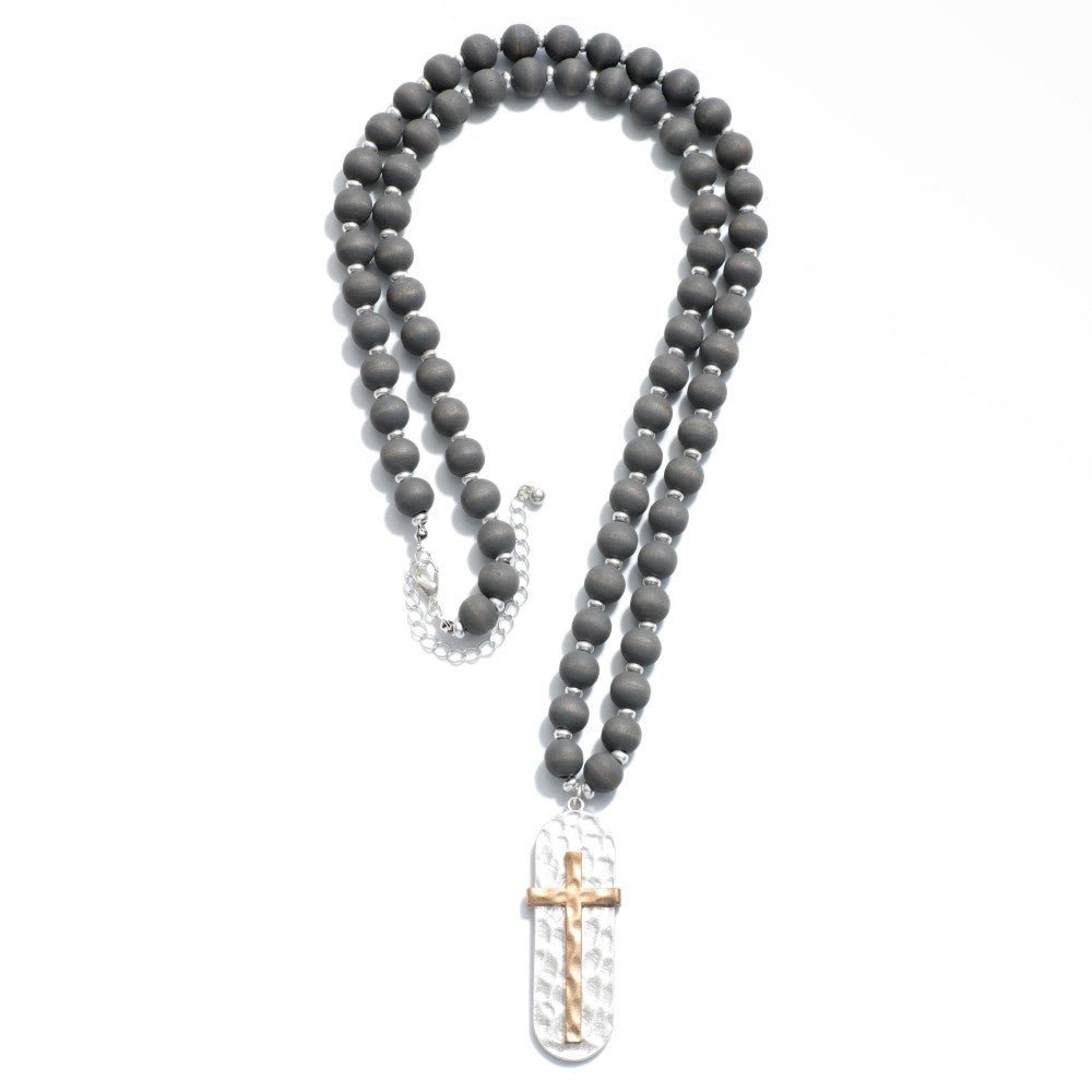 Wood Beaded Necklace With Hammered Cross Pendant - The Mustard Seed Collection, The Seed