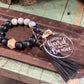 Work Hard and Be Nice SVF Black and White Grey Marble Silicone Wristlet Beaded Key Chain Bracelet with Tassel and Motivational Engraved Acrylic Charm of choice!
