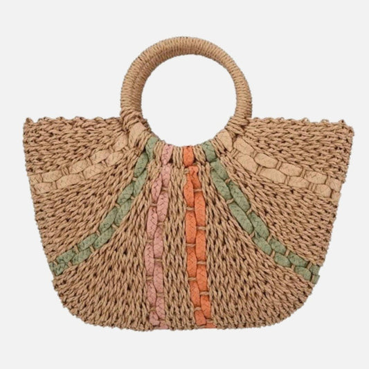 Woven Straw Tote Bag With Fanned Stripes Detail 