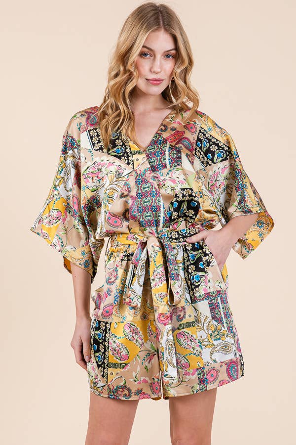 Yellow Satin Patchwork Print Half Sleeve Surplice Romper - The Mustard Seed Collection, The Seed
