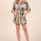 Yellow Satin Patchwork Print Half Sleeve Surplice Romper - The Mustard Seed Collection, The Seed