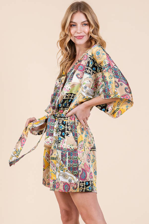 Yellow Satin Patchwork Print Half Sleeve Surplice Romper 