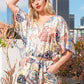 Yellow Satin Patchwork Print Half Sleeve Surplice Romper - The Mustard Seed Collection, The Seed