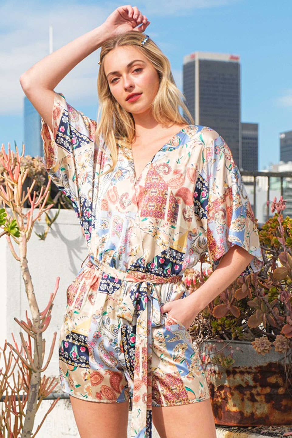 Yellow Satin Patchwork Print Half Sleeve Surplice Romper - The Mustard Seed Collection, The Seed