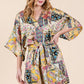 Yellow Satin Patchwork Print Half Sleeve Surplice Romper 