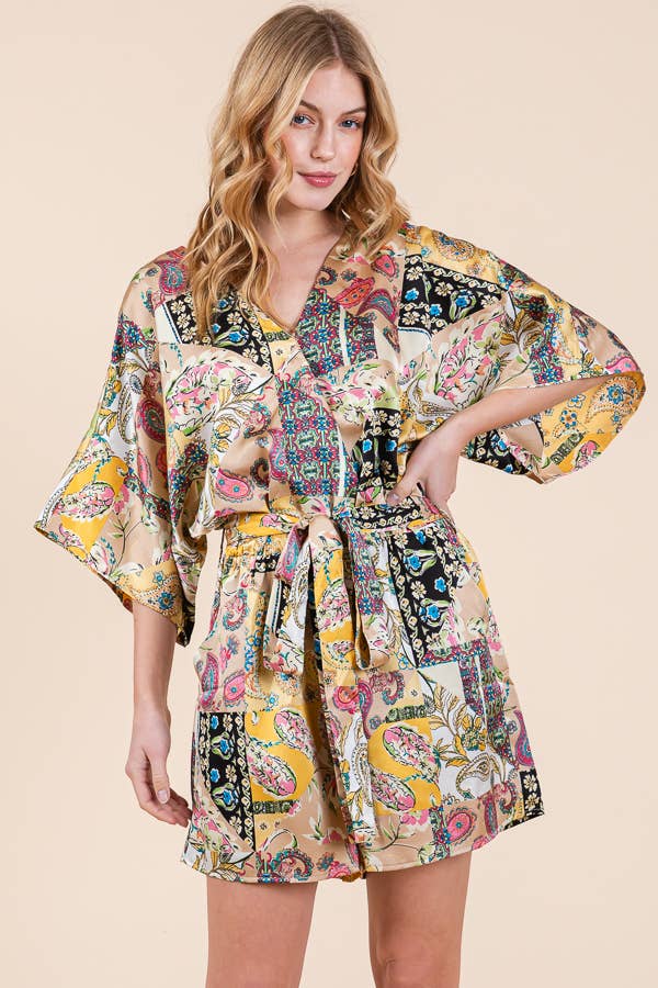 Yellow Satin Patchwork Print Half Sleeve Surplice Romper 