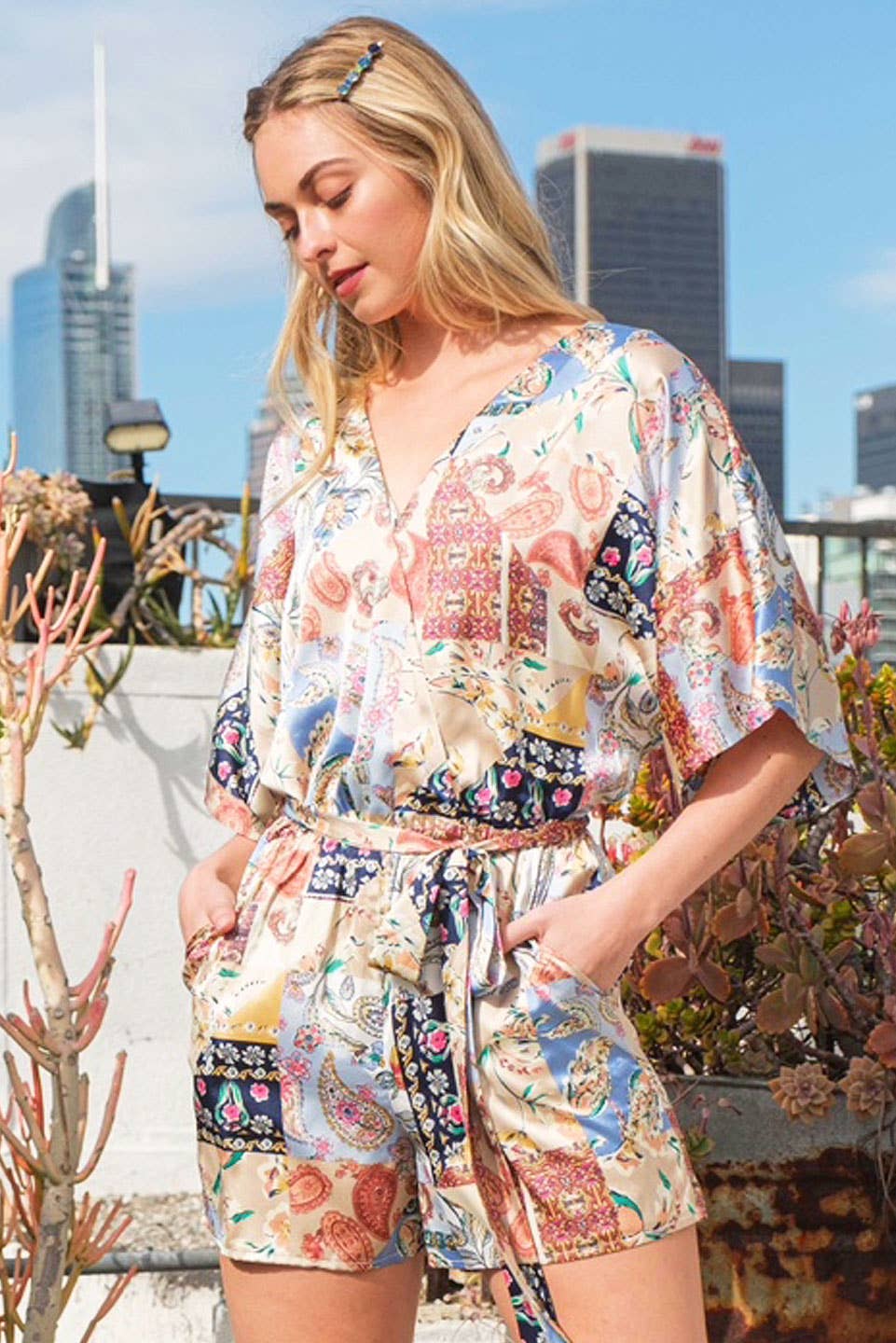 Yellow Satin Patchwork Print Half Sleeve Surplice Romper - The Mustard Seed Collection, The Seed