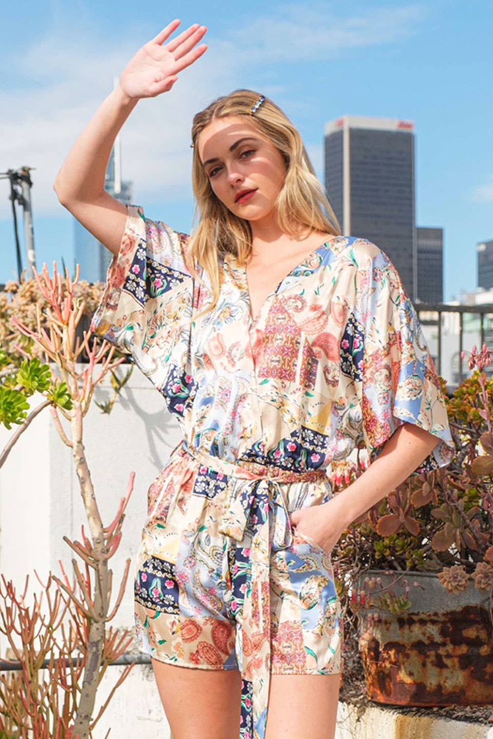 Yellow Satin Patchwork Print Half Sleeve Surplice Romper - The Mustard Seed Collection, The Seed