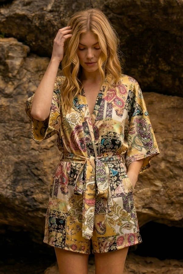 Yellow Satin Patchwork Print Half Sleeve Surplice Romper 