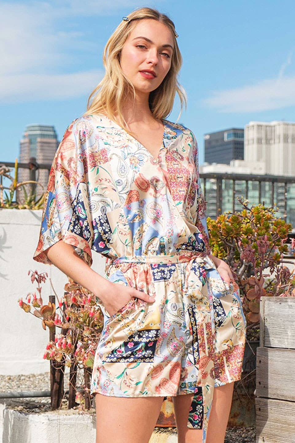 Yellow Satin Patchwork Print Half Sleeve Surplice Romper - The Mustard Seed Collection, The Seed