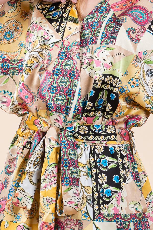 Yellow Satin Patchwork Print Half Sleeve Surplice Romper 