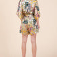 Yellow Satin Patchwork Print Half Sleeve Surplice Romper 
