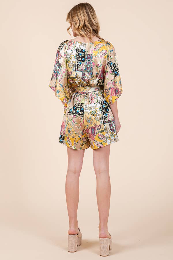 Yellow Satin Patchwork Print Half Sleeve Surplice Romper 