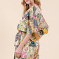 Yellow Satin Patchwork Print Half Sleeve Surplice Romper 