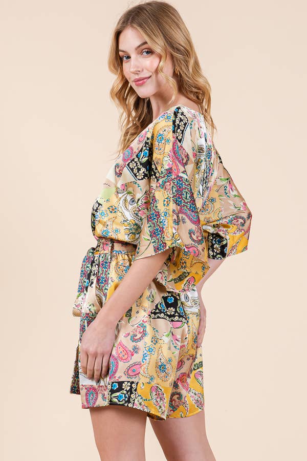 Yellow Satin Patchwork Print Half Sleeve Surplice Romper 