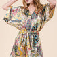 Yellow Satin Patchwork Print Half Sleeve Surplice Romper 