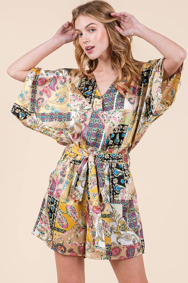 Yellow Satin Patchwork Print Half Sleeve Surplice Romper 