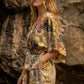Yellow Satin Patchwork Print Half Sleeve Surplice Romper 