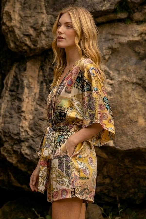Yellow Satin Patchwork Print Half Sleeve Surplice Romper 