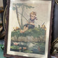 Young Boy Fishing Vintage Print in Wood Frame 