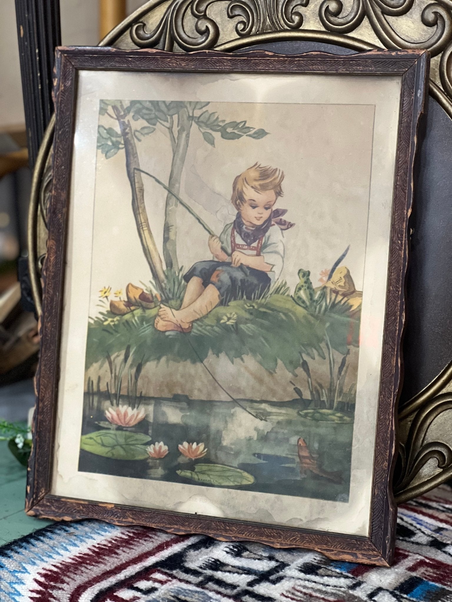 Young Boy Fishing Vintage Print in Wood Frame 