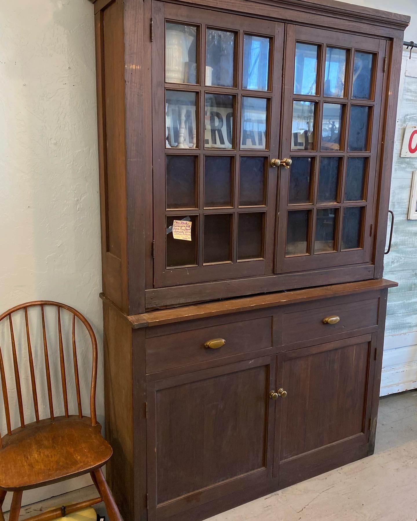 Amazing Antique Pine Cupboard w/Multi Pane Window Doors