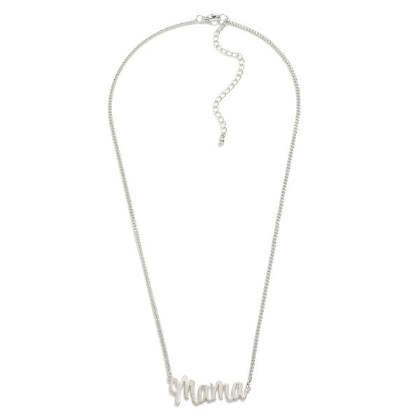 Silver Chain Link Necklace Featuring "Mama" Pendant Rhodium