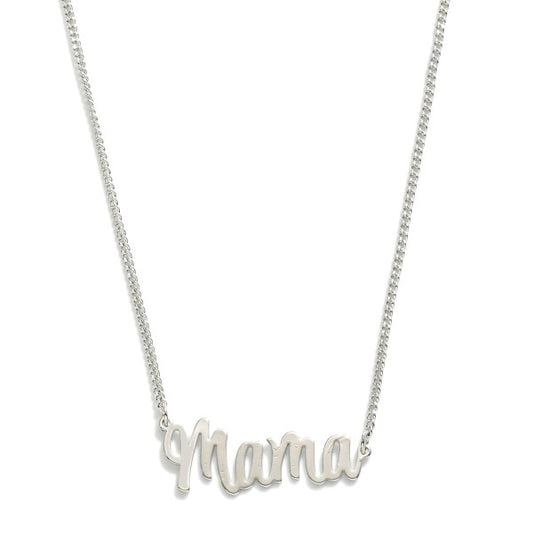 Silver Chain Link Necklace Featuring "Mama" Pendant