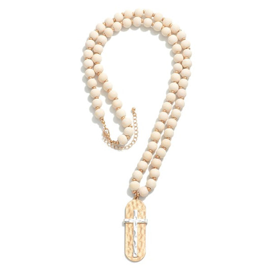 Wood Beaded Necklace With Hammered Cross Pendant Cream