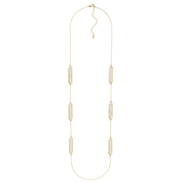 Long Metal Chain Link Necklace Featuring Laser Cut Flower Bar Charms Gold Silver