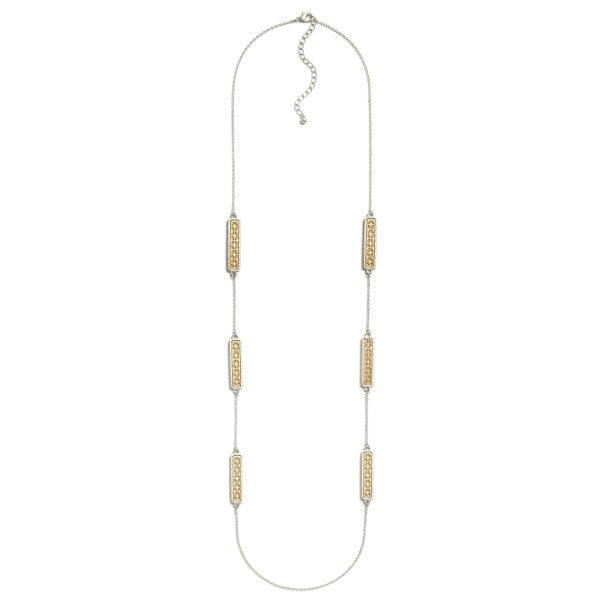 Long Metal Chain Link Necklace Featuring Laser Cut Flower Bar Charms Silver Gold