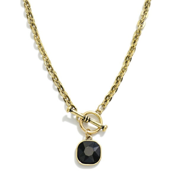 Chain Link Necklace Featuring Cushion Cut Rhinestone Pendant With Toggle Closure Black