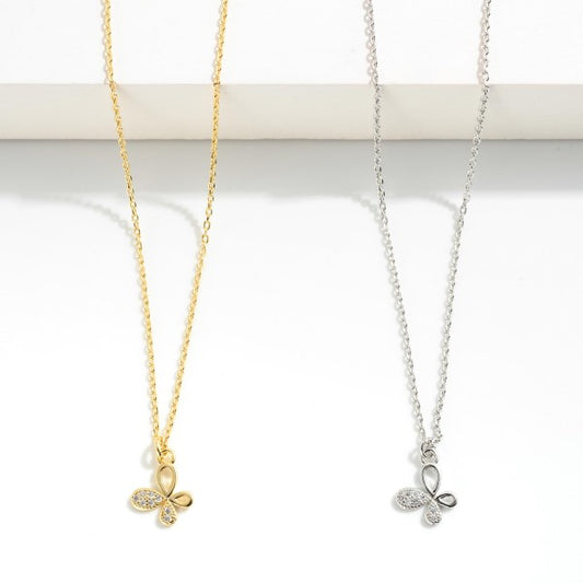 Dainty Chain Link Necklace With Rhinestone Studded Butterfly Pendant