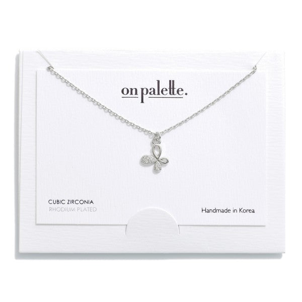 Dainty Chain Link Necklace With Rhinestone Studded Butterfly Pendant Silver