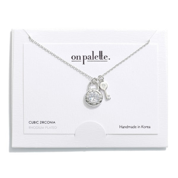 Dainty Chain Link Necklace Featuring Lock and Key With Cubic Zirconia Accent Silver