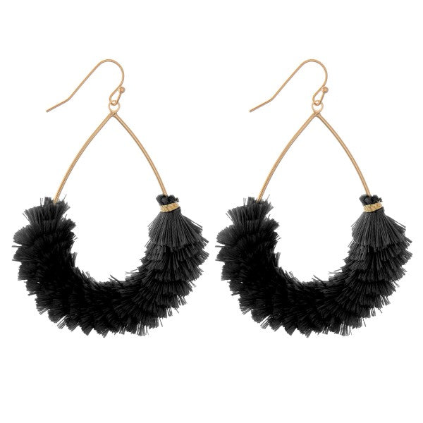 Textured Fringe Tassel Teardrop Earrings Black