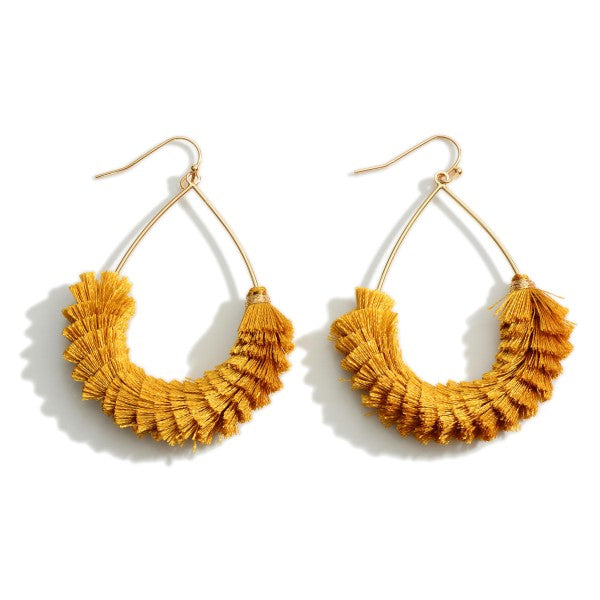 Textured Fringe Tassel Teardrop Earrings Mustard