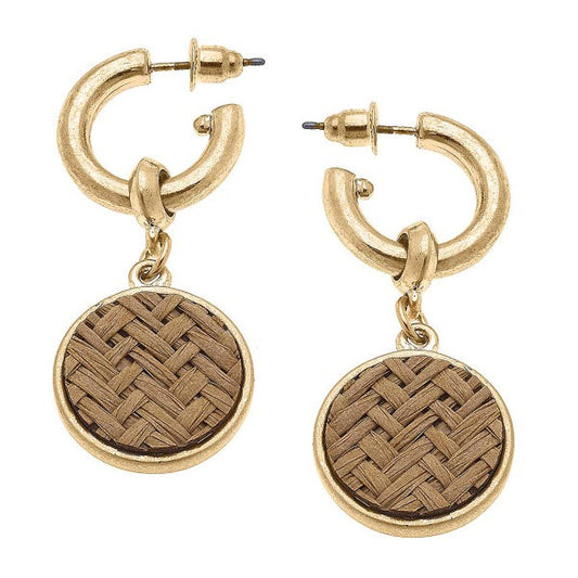 Metal Tone Hoop Drop Earring With Wicker Disc Default Title