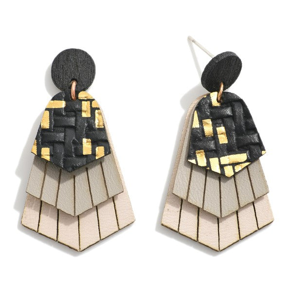 Stacked Leather Drop Earrings Featuring Woven and Tassel Details Black