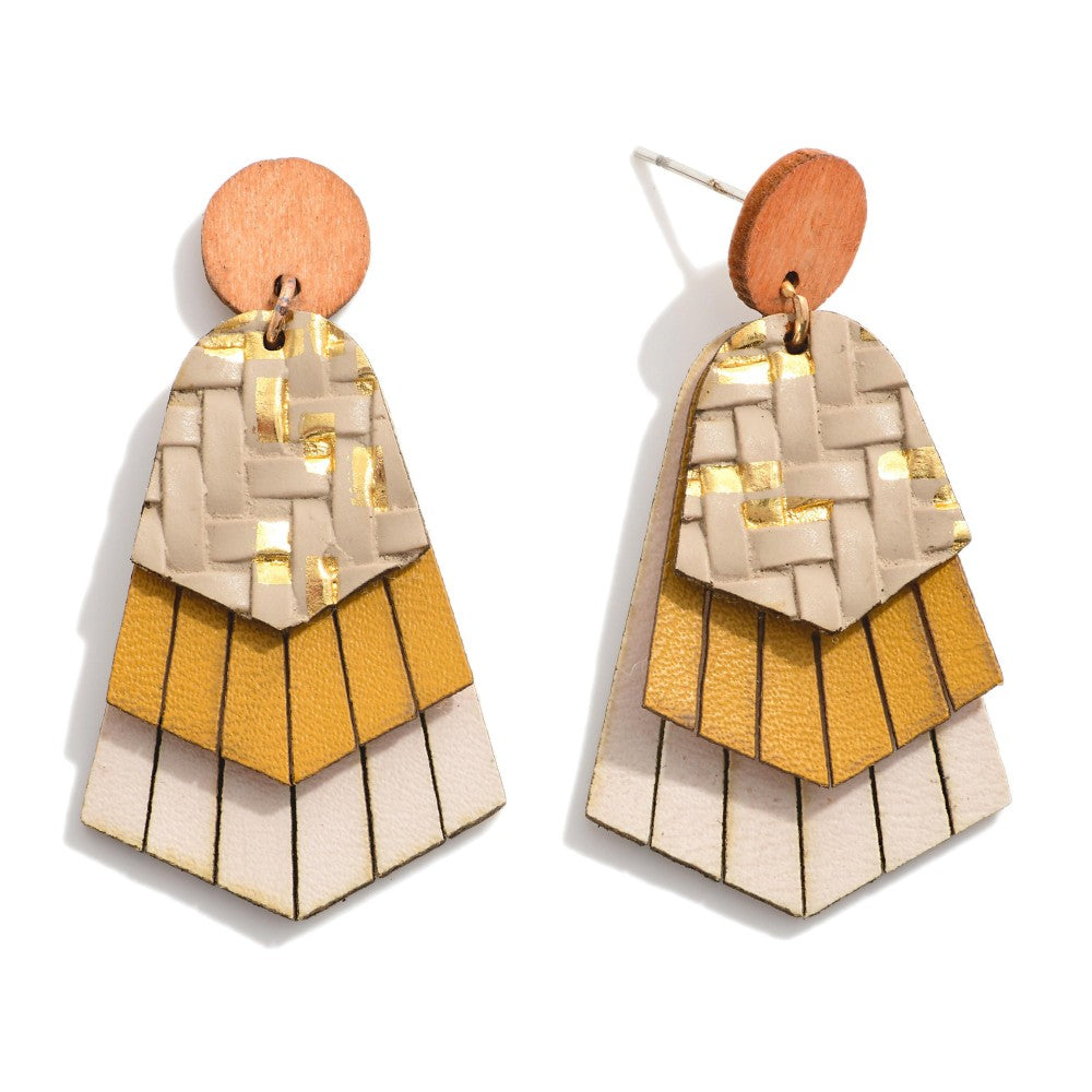 Stacked Leather Drop Earrings Featuring Woven and Tassel Details Brown