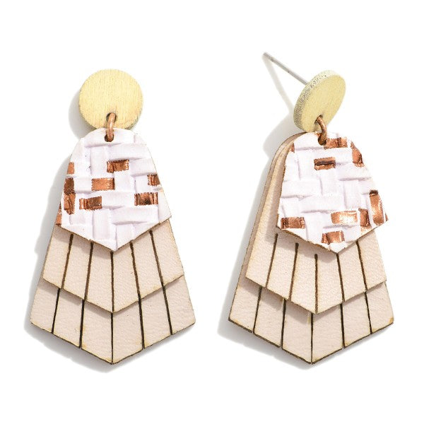 Stacked Leather Drop Earrings Featuring Woven and Tassel Details White