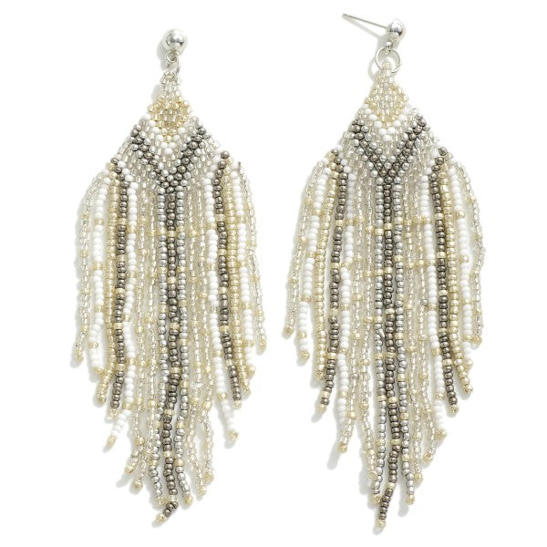 Seed Bead Tassel Drop Earrings Silver