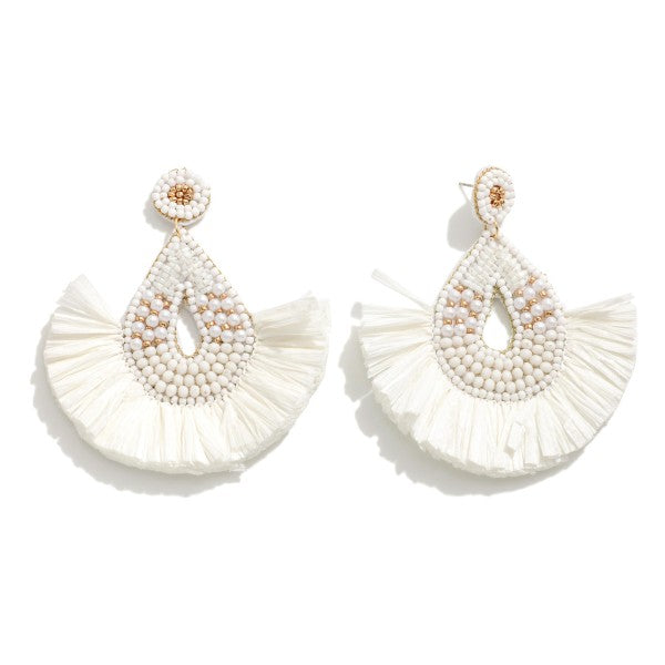 Seed Bead Teardrop Earrings With Raffia Fan Tassels Ivory
