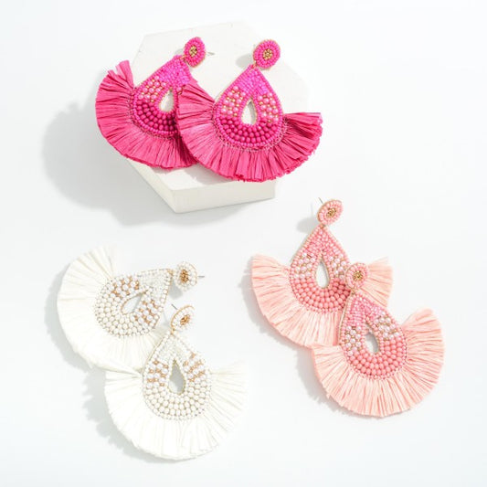 Seed Bead Teardrop Earrings With Raffia Fan Tassels