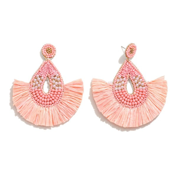 Seed Bead Teardrop Earrings With Raffia Fan Tassels Pink